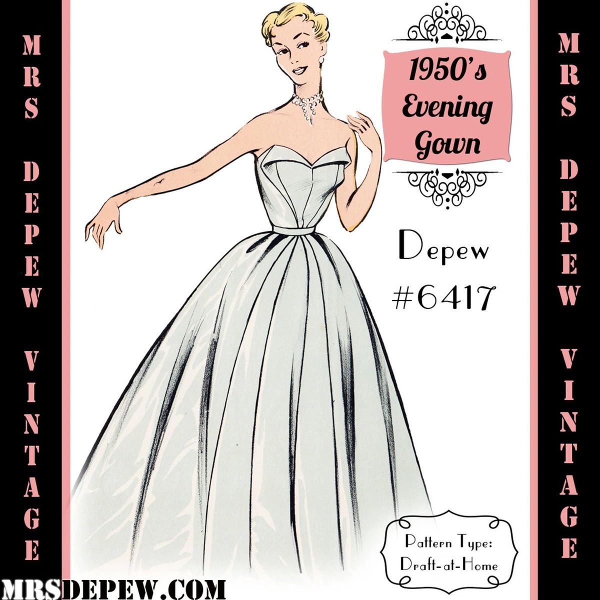 D A H Vintage Sewing Pattern 1950s Strapless Evening Gown in Any Size PLUS Size Included 6417